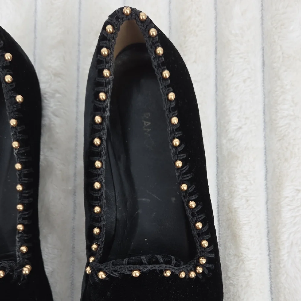 Ramon Tenza Black Velvet Slip-On Loafers with Gold Stud Accents